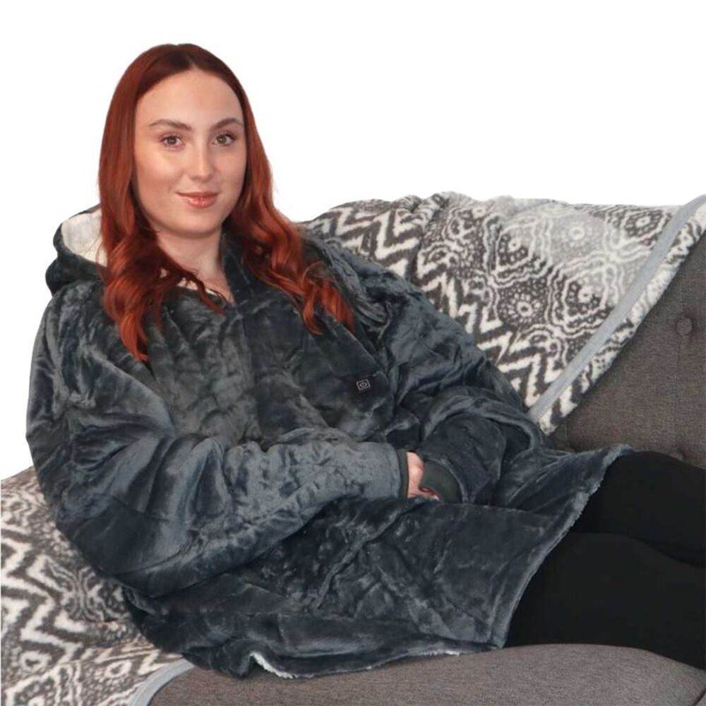 Ribbon Unisex Adult Eskimo Heated Blanket Hoodie / Gray